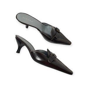 BCBGirls Brown Pointed Toe Kitten Heel Loafer Mules With Buckle Detail SZ 7.5